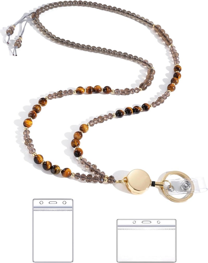 BettDecor Store Lanyards for ID Badges and Keys,Natural Stone Beaded Teacher Lanyard for Women,Retractable Lanyard with ID Holder Cute Lanyards for Teachers（Brown） - Image 1